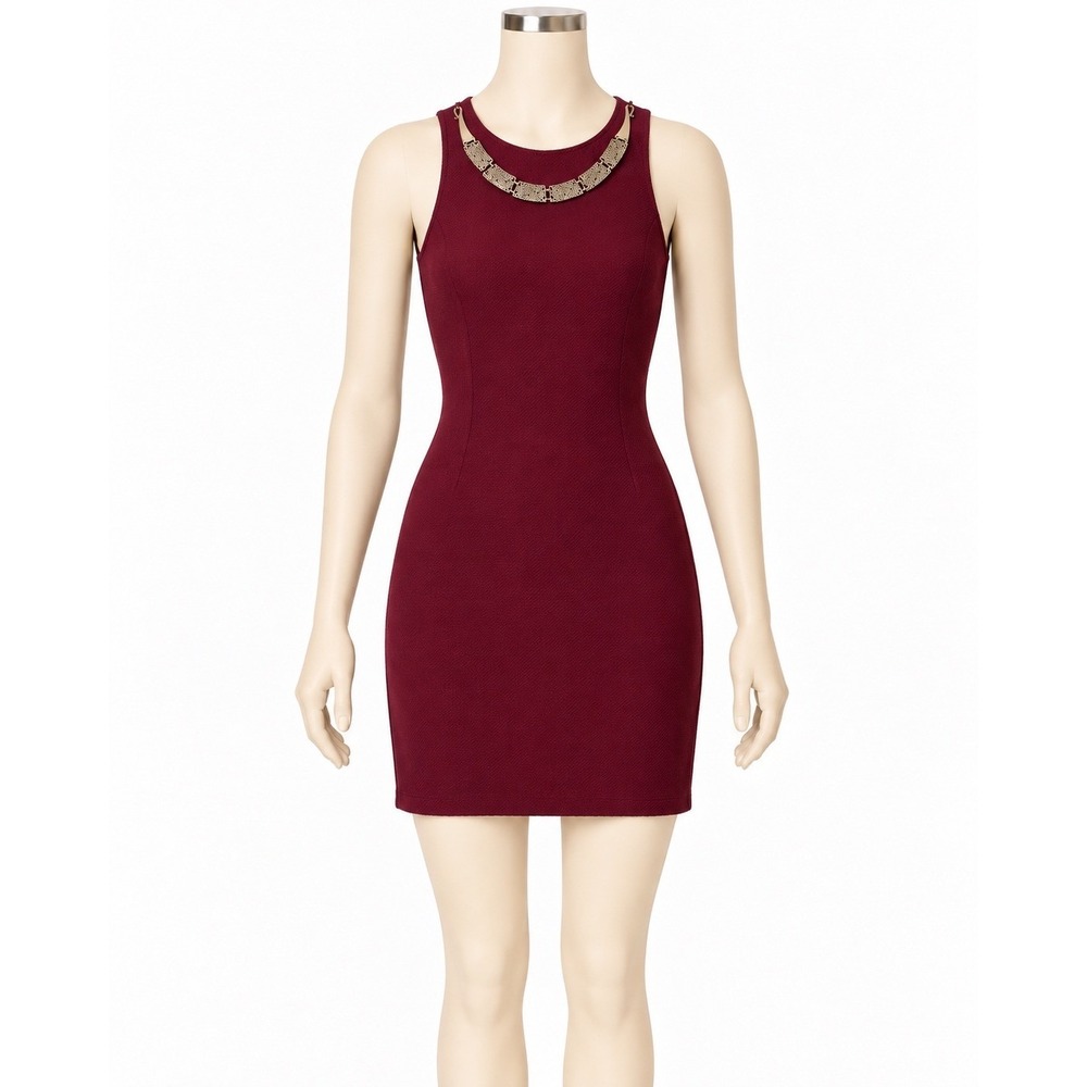 Italian Burgundy Textured Bodycon Dress with Gold Filigree Chain Neckline